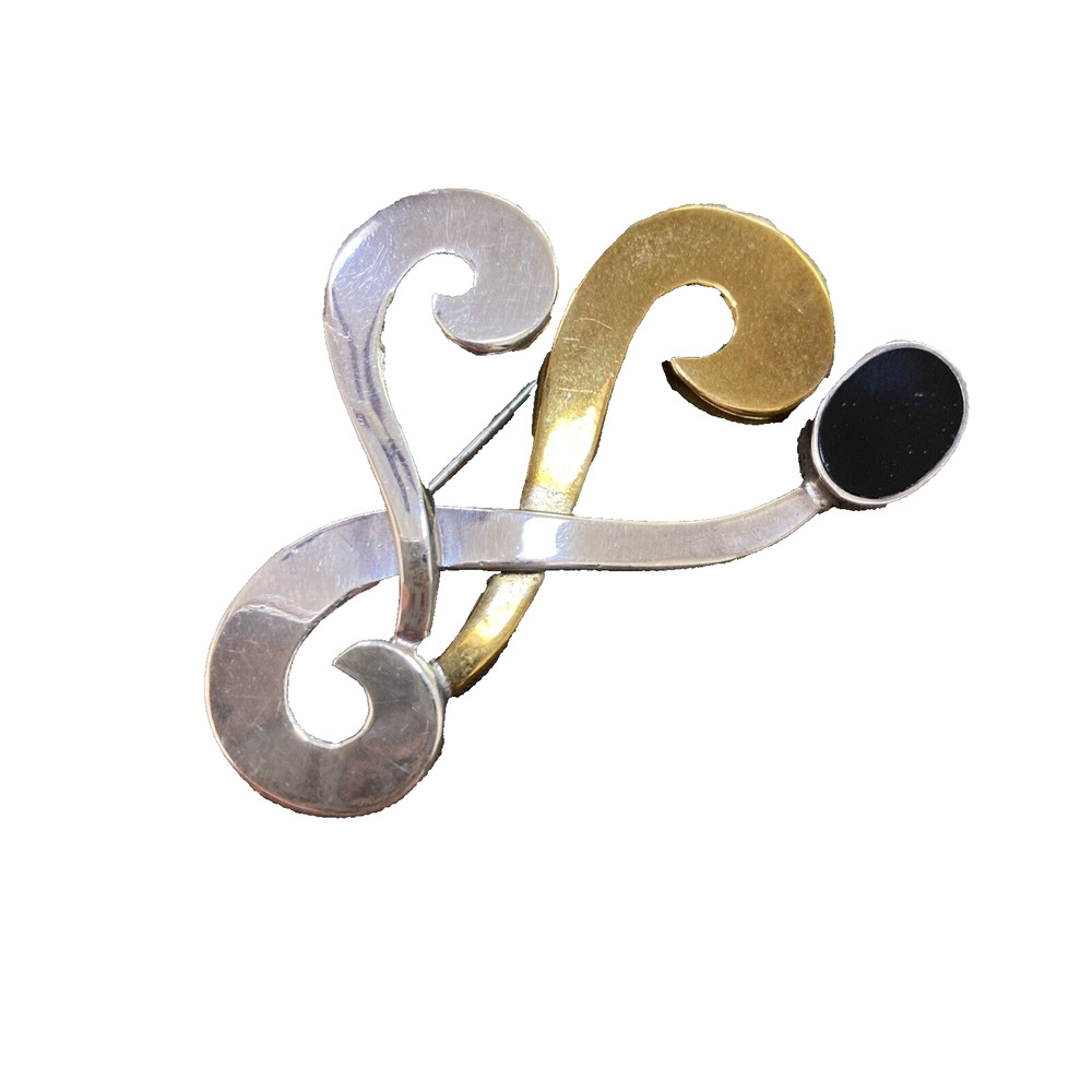 Sterling Silver 925 Black Onyx Inlay Modernist Brooch Signed Laton Mexico A-142